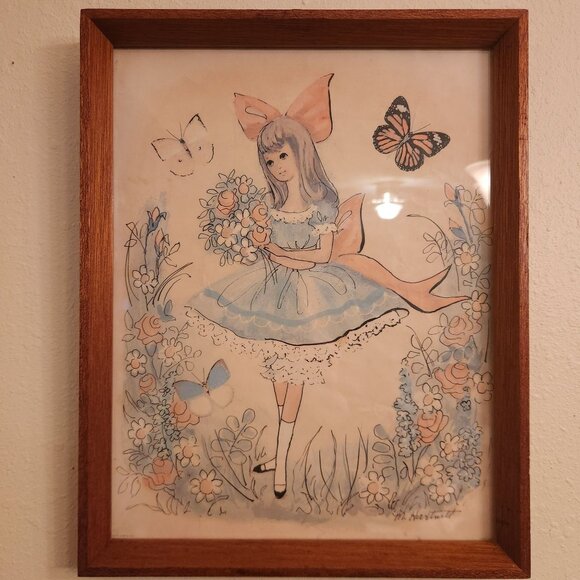 1971 M. Hartnett Framed Lithograph Art Print Girl In Dress With Flowers - Picture 2 of 11